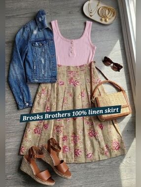 Brooks Brothers 100% Linen Floral Midi Skirt | Size 16 | Tan Neutral Preppy